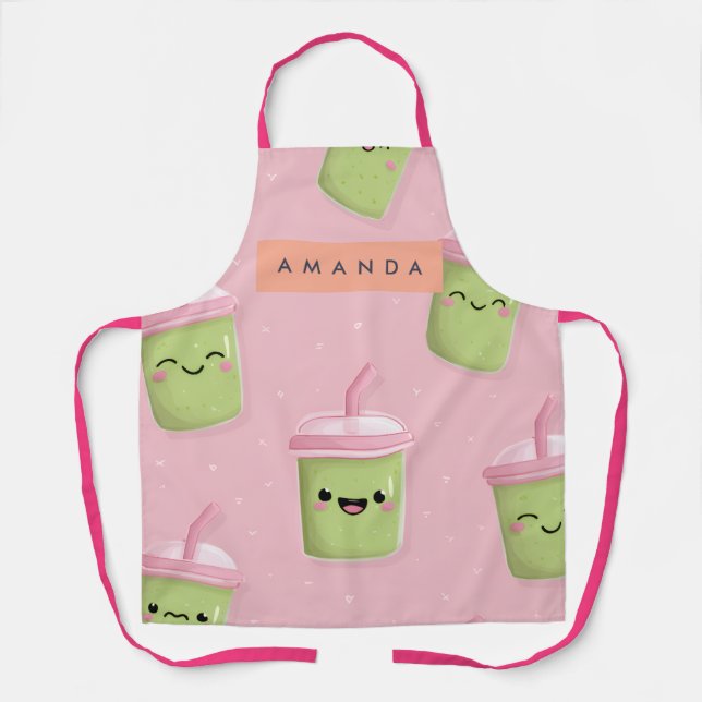 Personalised Pastel Kawaii Matcha Milk Tea Apron (Front)