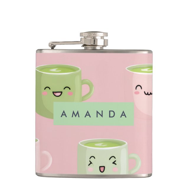 Personalised Pastel Kawaii Matcha Tea Pattern Hip Flask (Front)