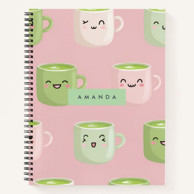 Personalised Pastel Kawaii Matcha Tea Pattern Notebook (Front)