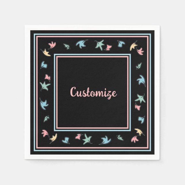 Personalised Pastel Leaves Black Napkin (Front)
