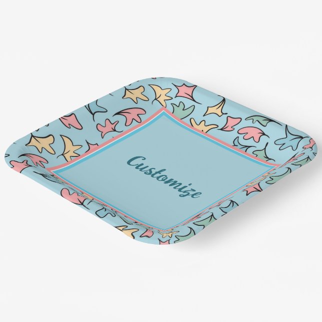 Personalised Pastel Leaves Blue Paper Plate (Angled)