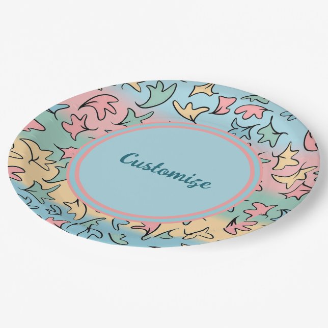 Personalised Pastel Leaves Colourful Paper Plate (Angled)
