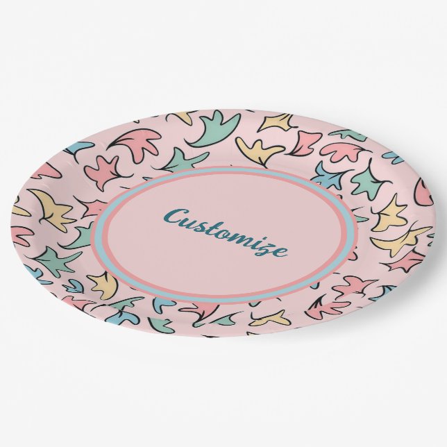 Personalised Pastel Leaves Pink Paper Plate (Angled)