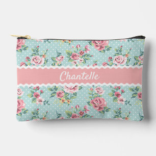 Personalised Pastel Mint Green Pink Roses Art Accessory Pouch