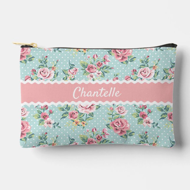 Personalised Pastel Mint Green Pink Roses Art Accessory Pouch (Front)
