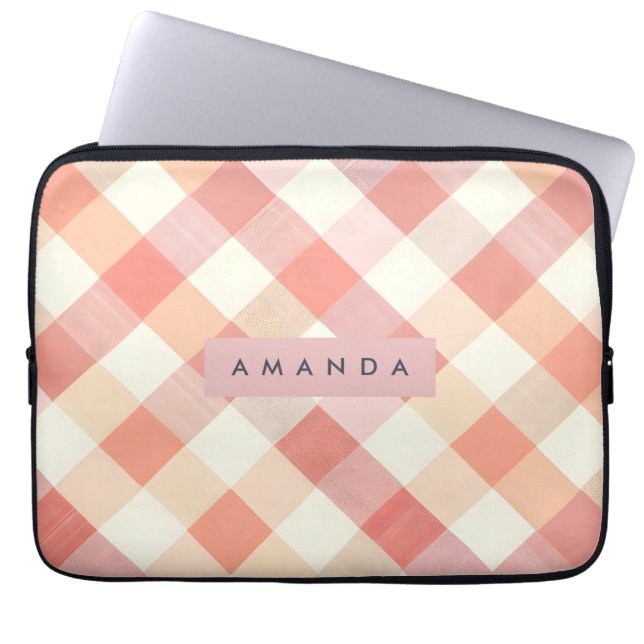 Personalised Pastel Peach Chequered Modern  Laptop Sleeve (Front)