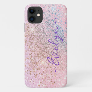 Personalised pastel pink blue glitter iPhone 11 case
