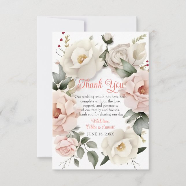 Personalised Pastel Pink Floral Wedding Rose Frame Thank You Card (Front)