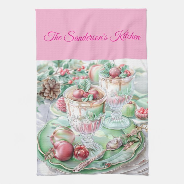 Personalised Pastel Pink & Green Christmas Kitchen Tea Towel (Vertical)