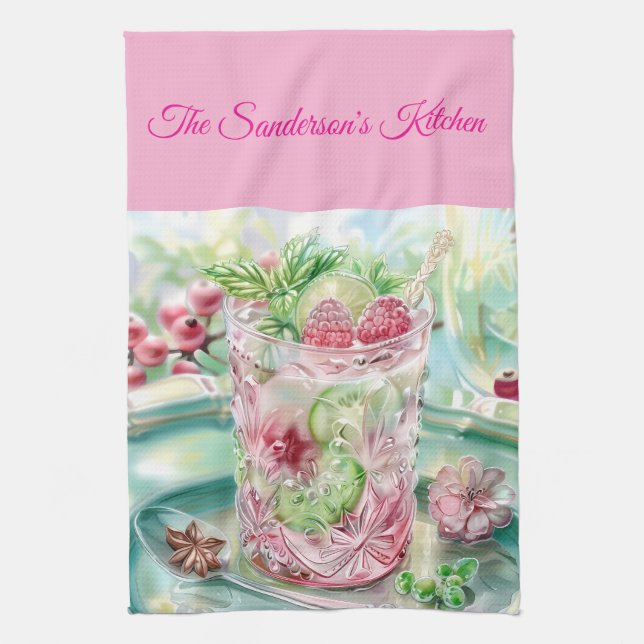 Personalised Pastel Pink & Green Christmas Kitchen Tea Towel (Vertical)