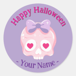 Personalised Pastel Pink Purple Skull Halloween Classic Round Sticker