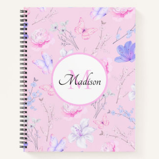 Personalised Pastel Pink Watercolor Floral Butterf Notebook