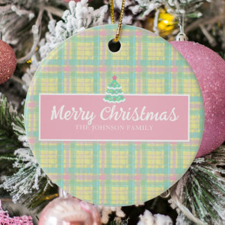 Personalised Pastel Plaid Christmas Ceramic Tree Decoration
