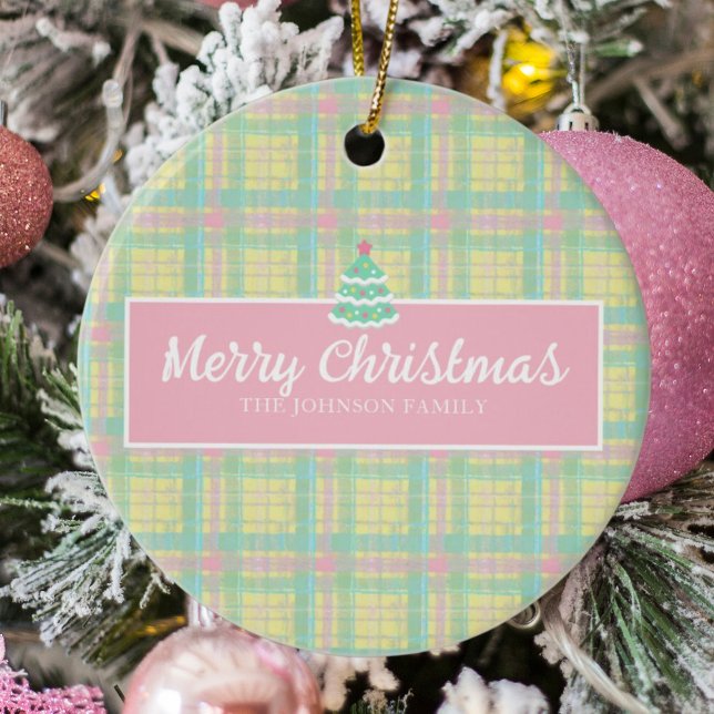 Personalised Pastel Plaid Christmas  Ceramic Tree Decoration (Close up)