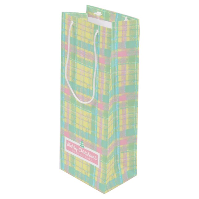 Personalised Pastel Plaid Christmas  Wine Gift Bag (Front Angled)