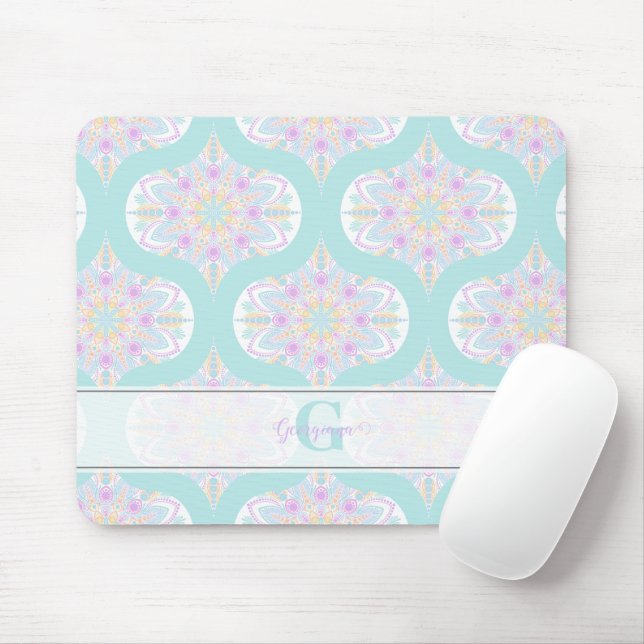 Personalised Pastel Rainbow Floral Mandala Mid Mod Mouse Mat (With Mouse)