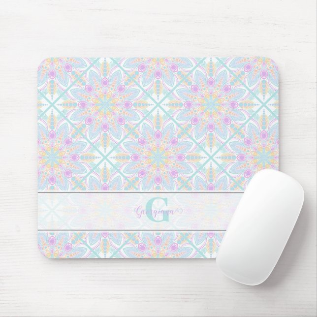 Personalised Pastel Rainbow Floral Mandala Tiled Mouse Mat (With Mouse)
