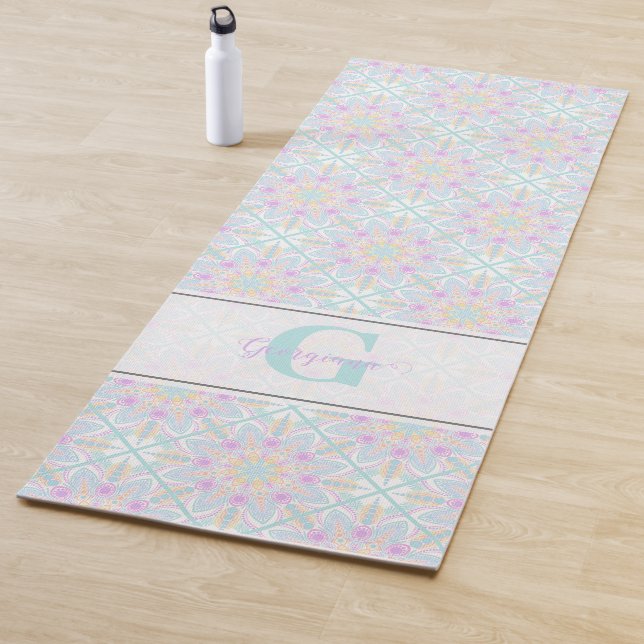Personalised Pastel Rainbow Floral Mandala Tiled Yoga Mat (In Situ)