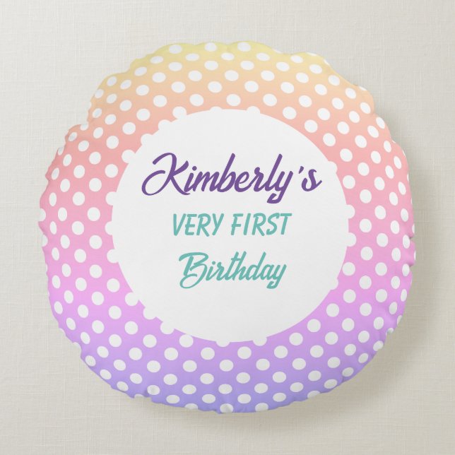 Personalised Pastel Rainbow Polka Dots Round Cushion (Front)