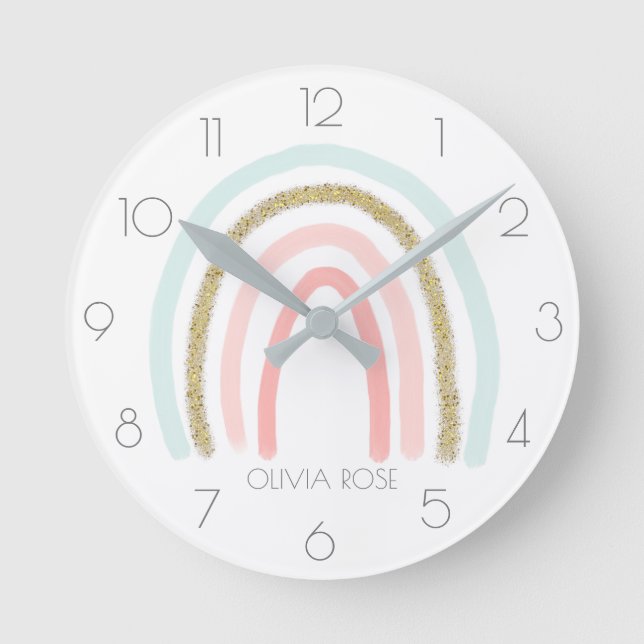 Personalised Pastel Rainbow with Faux Gold Glitter Round Clock (Front)