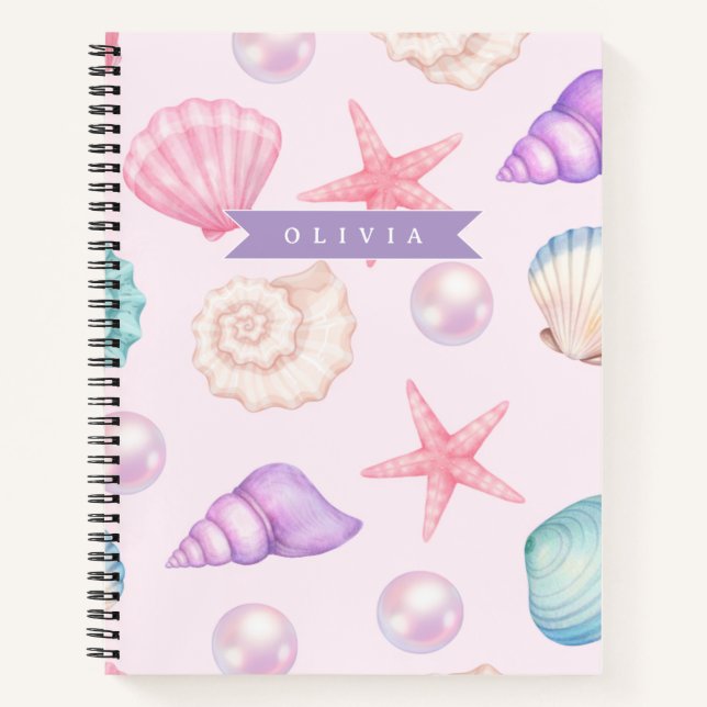Personalised Pastel Seashell Coastal Custom Name Notebook (Front)