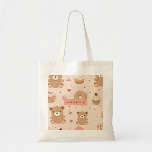 Personalised Pastel Teddy Bear and Doughnut Desser Tote Bag