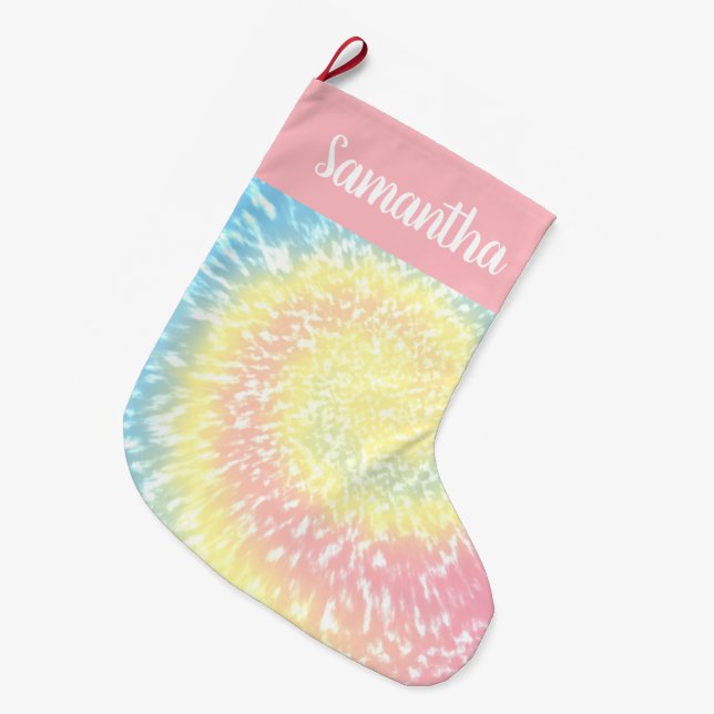 Personalised Pastel Tie Dye Swirl Trendy Teen Large Christmas Stocking (Front (Hanging))