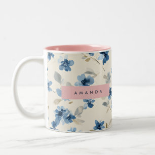 Personalised Pastel Watercolor Blue Blossom Two-Tone Coffee Mug