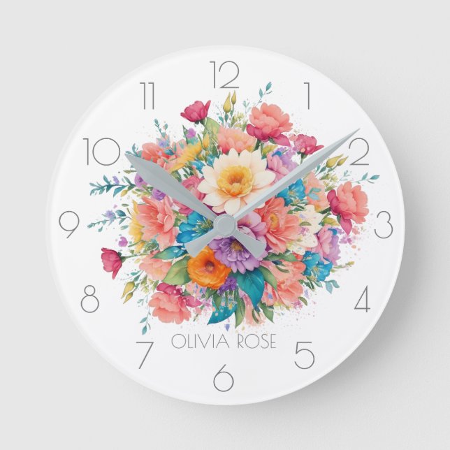Personalised Pastel Watercolor Flower Bouquet Round Clock (Front)