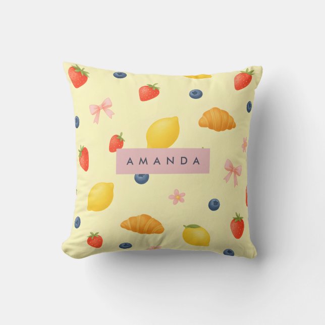 Personalised Pastel Yellow Breakfast Pattern Cushion (Front)