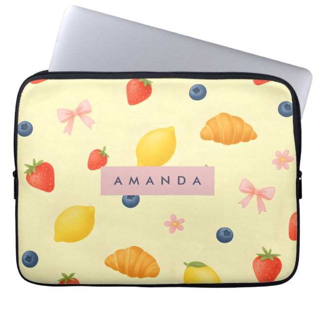 Personalised Pastel Yellow Breakfast Pattern Laptop Sleeve (Front)
