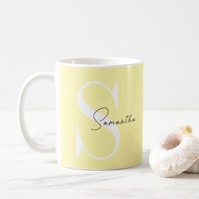 Personalised Pastel Yellow Monogram Classic Mug (With Donut)