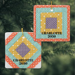 Personalised Patchwork Ceramic Ornament<br><div class="desc">This charming ornament is decorated with a patchwork design.
Easily customisable with your name and year.
Replace the patchwork image with one of your own.
Perfect for your quilting pals!</div>