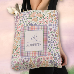 Personalised Patchwork Floral & Plaid Tote Bag