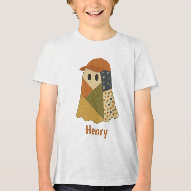 Personalised Patchwork Ghost Halloween Custom Name Tri-Blend Shirt (Front)
