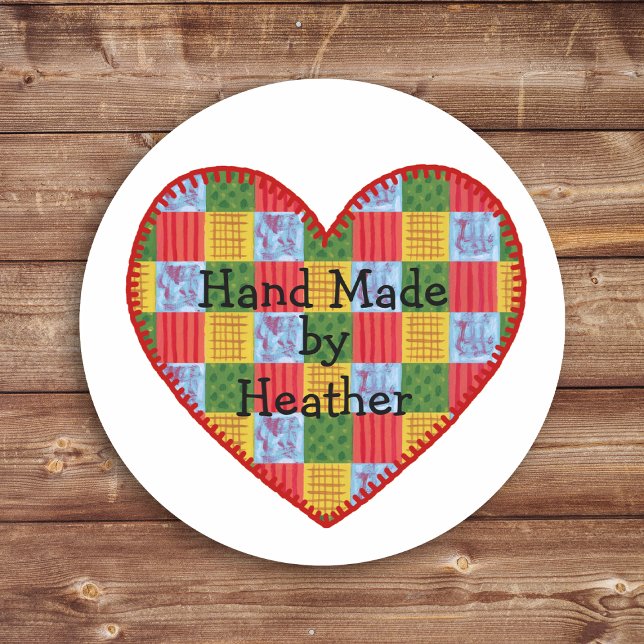 Personalised Patchwork Pattern Hand Made Classic Round Sticker (Personalized patchwork pattern hand made stickers for your hand made goodies.  Country style design.)