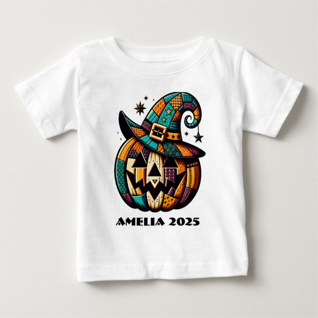 Personalised Patchwork Pumpk Halloween  Baby T-Shirt (Front)