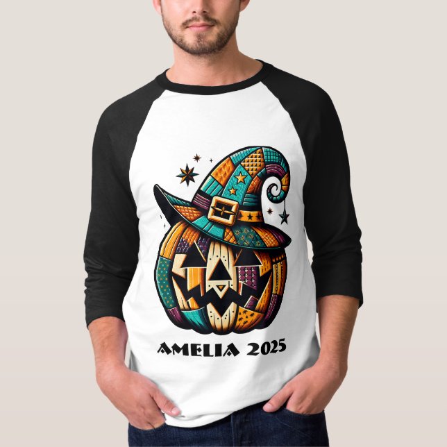 Personalised Patchwork Pumpk Halloween  T-Shirt (Front)