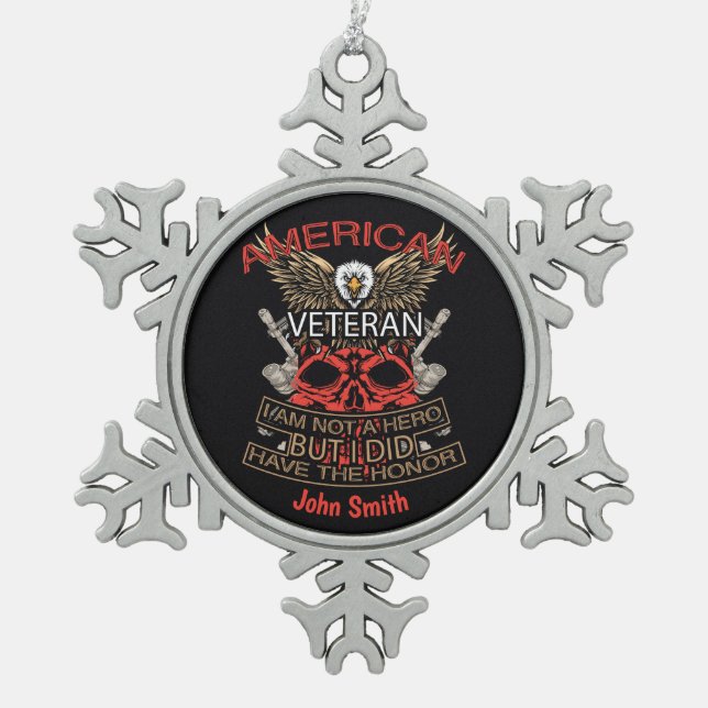Personalised Patriotic American Veteran  Snowflake Pewter Christmas Ornament (Front)