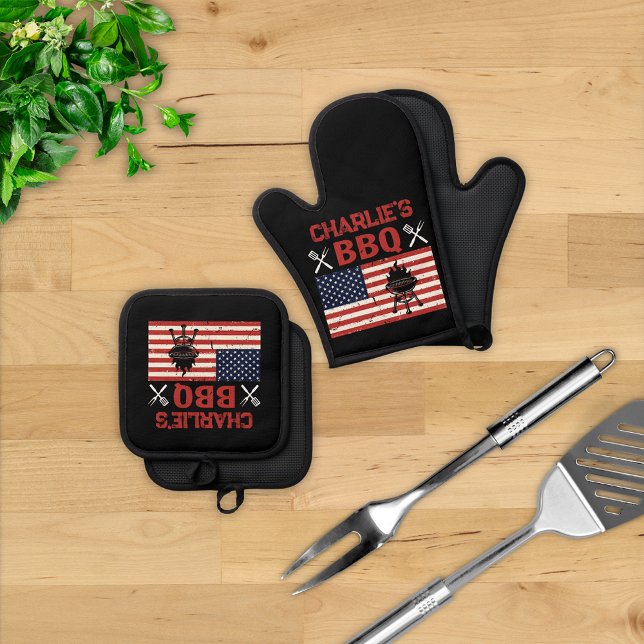 Personalised Patriotic BBQ Grill  Oven Mitt & Pot Holder Set (Creator Uploaded)
