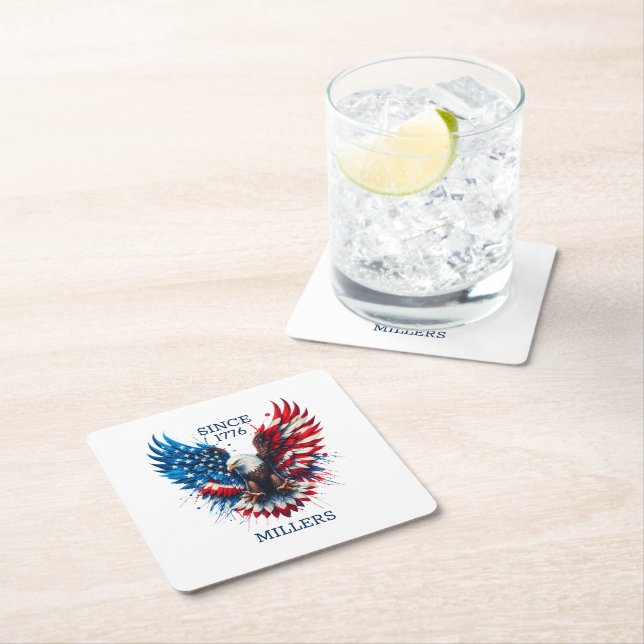 Personalised Patriotic Colours America Bold Eagle Square Paper Coaster (Insitu)