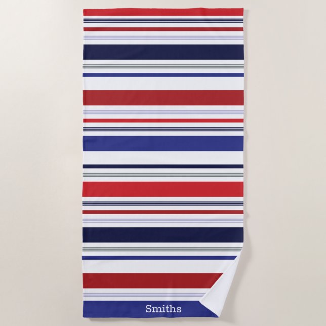 Personalised Patriotic Red White Blue Stripe Beach Towel (Front)