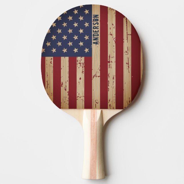 Personalised Patriotic Rustic Wood American Flag Ping Pong Paddle (Front)