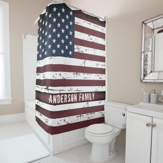 Personalised Patriotic Stars Stripes American Flag Shower Curtain (In Situ)