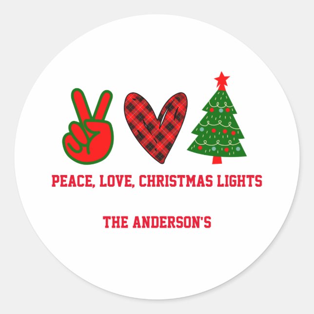 Personalised Peace Love Christmas Lights Green Red Classic Round Sticker (Front)
