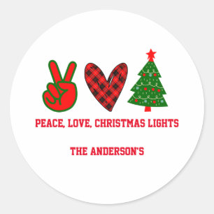 Personalised Peace Love Christmas Lights Green Red Classic Round Sticker