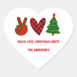 Personalised Peace Love Christmas Lights Green Red Heart Sticker
