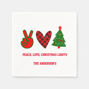 Personalised Peace Love Christmas Lights Green Red Napkin