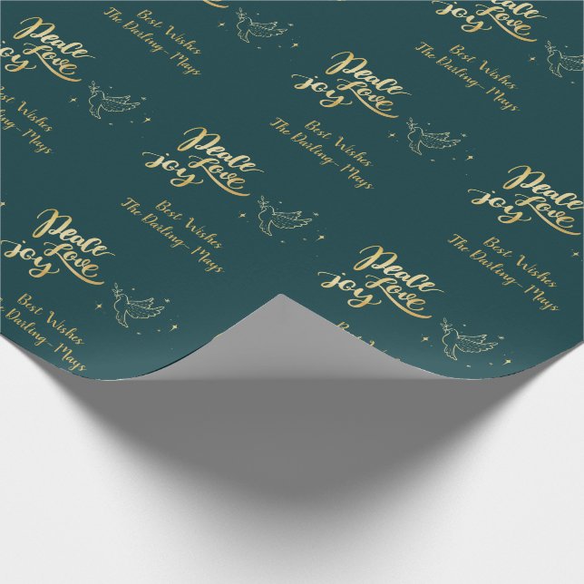 Personalised Peace Love Joy Green & Gold Christmas Wrapping Paper (Corner)