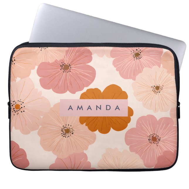 Personalised Peach and Pink Flower Print Laptop Sleeve (Front)